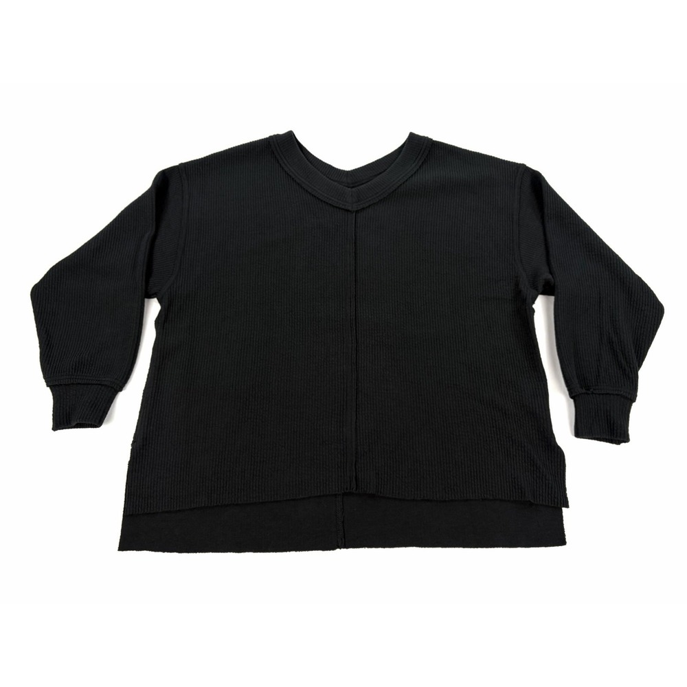 Aerie Wonder Textured V-Neck Oversized Off Shoulder Sweatshirt Black Women's S